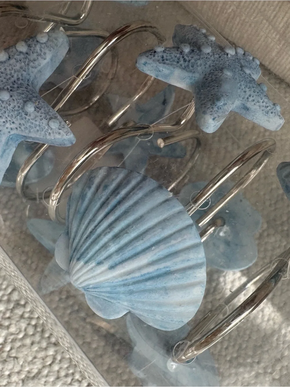 Set of 12 Light Blue Nautical Shower Curtain Hooks - Shell, Starfish, Conch